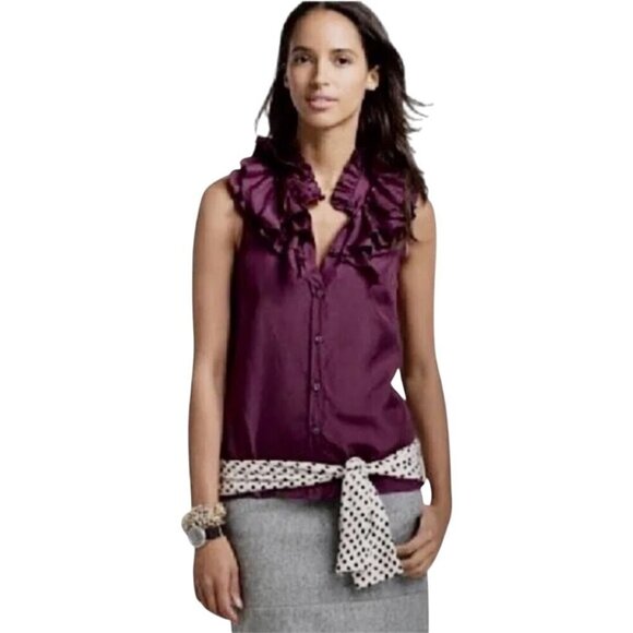 J.Crew Kelsey Ruffle Silk Deep Plum Sleeveless Blouse Size 2 - Picture 1 of 5